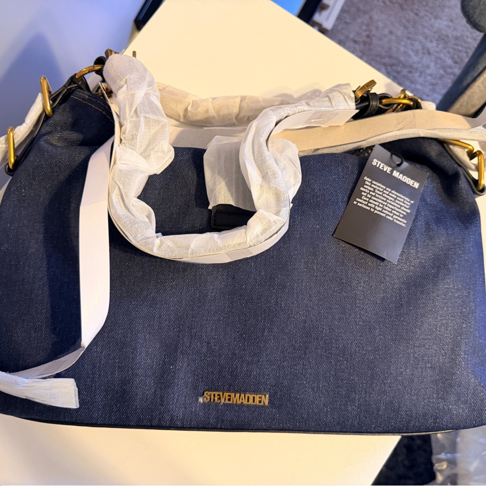 Steve Madden Dark Blue Shoulder Bag with Gold Accents
